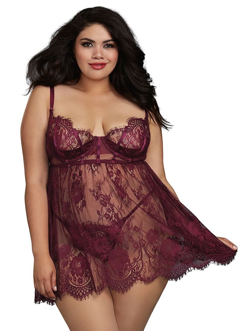 Dreamgirl Eyelash Mulberry Lace Babydoll and Thong Set SMALL, MEDIUM