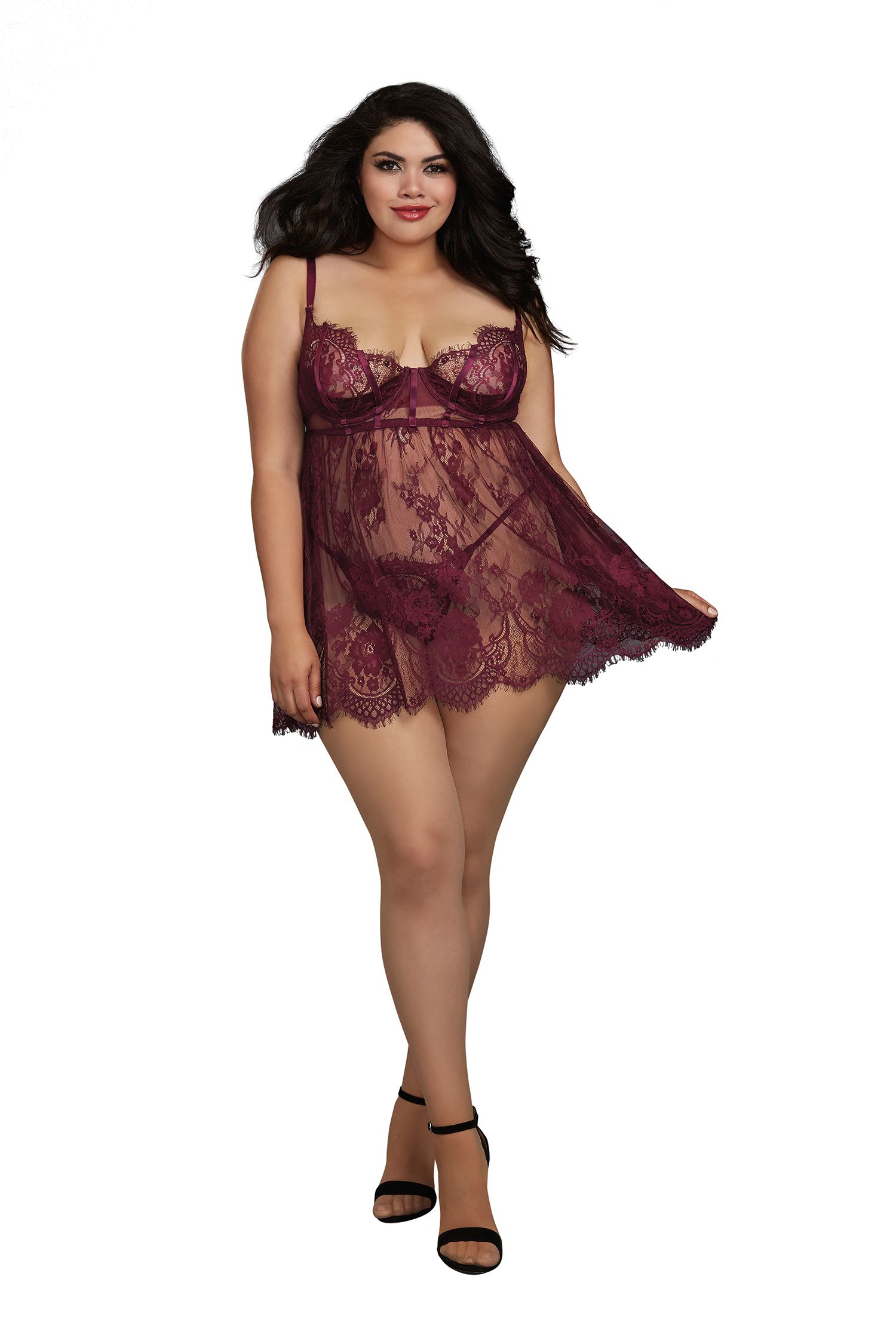 Dreamgirl Eyelash Mulberry Lace Babydoll and Thong Set SMALL, MEDIUM - Image 6