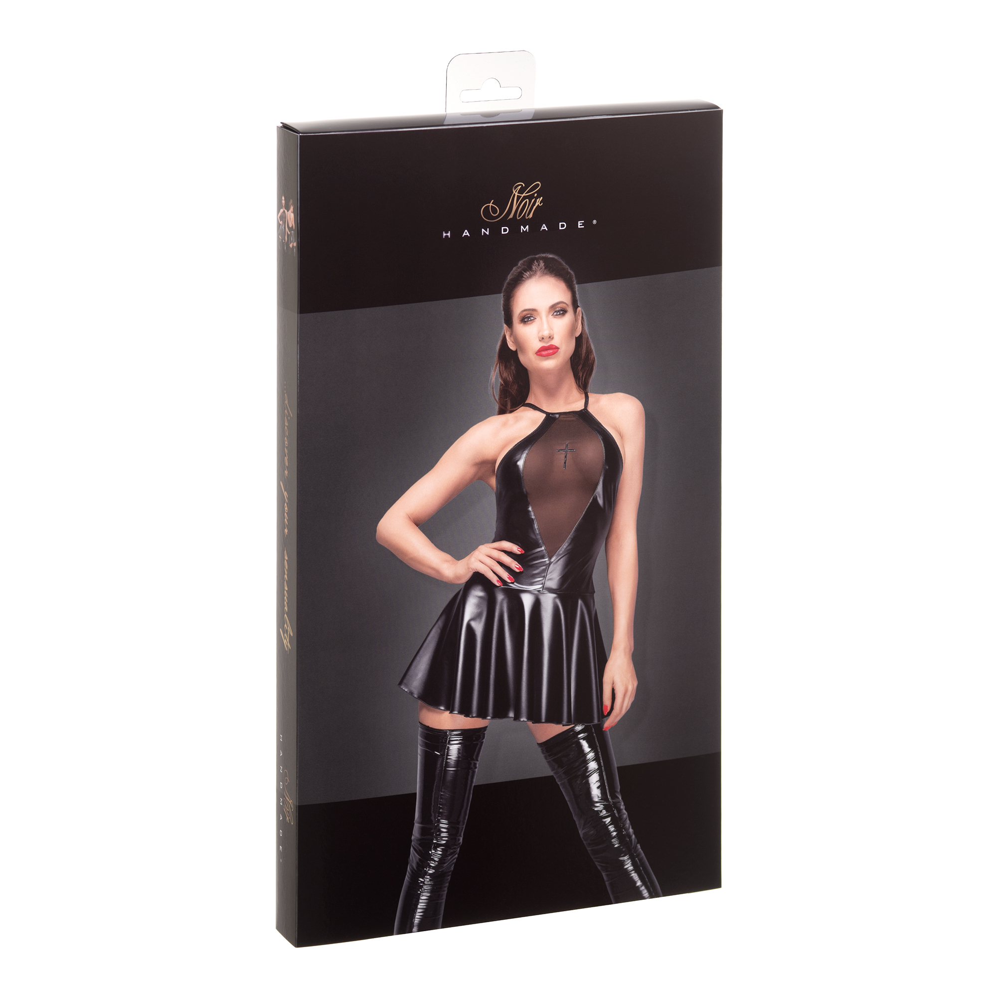 Noir Handmade Powerwetlook flared mini dress with embroidered tulle cross on the bust MEDIUM 10, 3XL 18 - Image 3